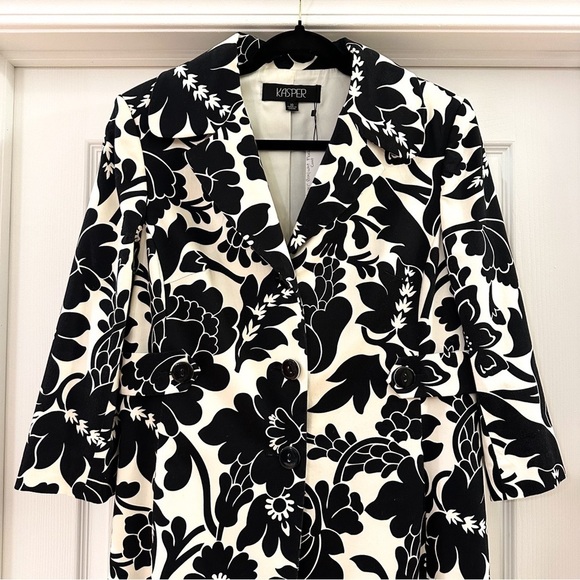Kasper Floral Leaf Print Midi Cocktail Trench Coat Black White sz 10 - Picture 4 of 10